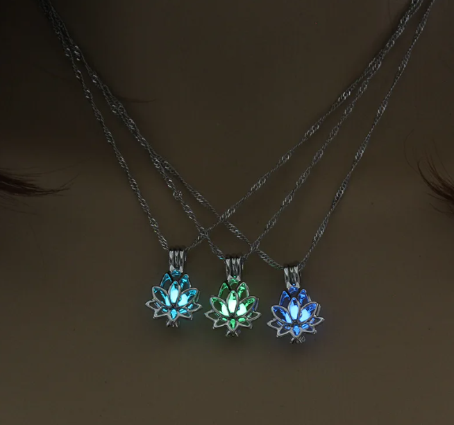 Bright Glowing Dark Moon Lotus Flower Shaped Pendant Necklace for Women