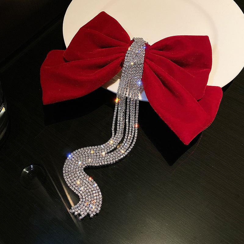 New Velour grace Bow Hairpin Crystal Fringe Tassel Hair Clip Women Ponytail Rhinestone Beading Hair Accessories Gifts Heawear
