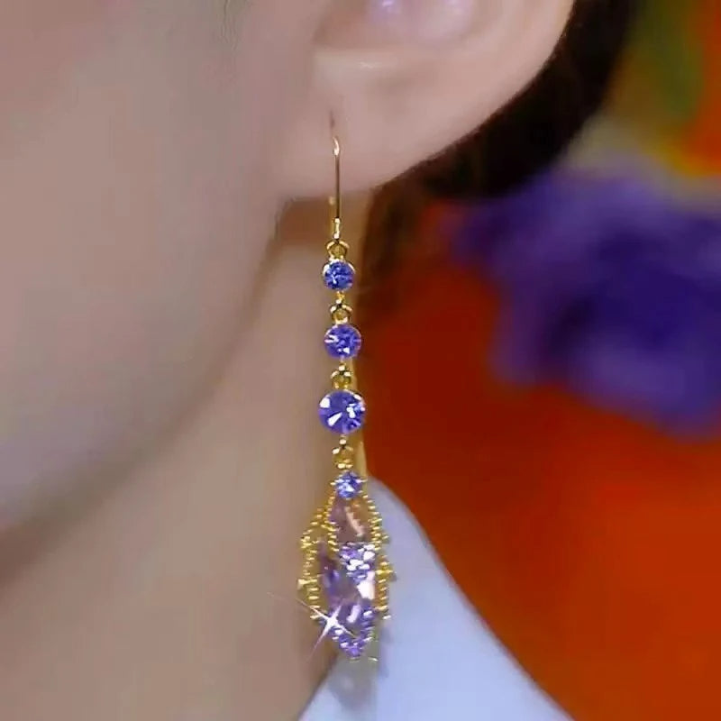 Elegant Purple Crystal Maple Leaf Long Tassel Ear Wire for Women New Fashion Exquisite Temperament Ladies Wedding Party
