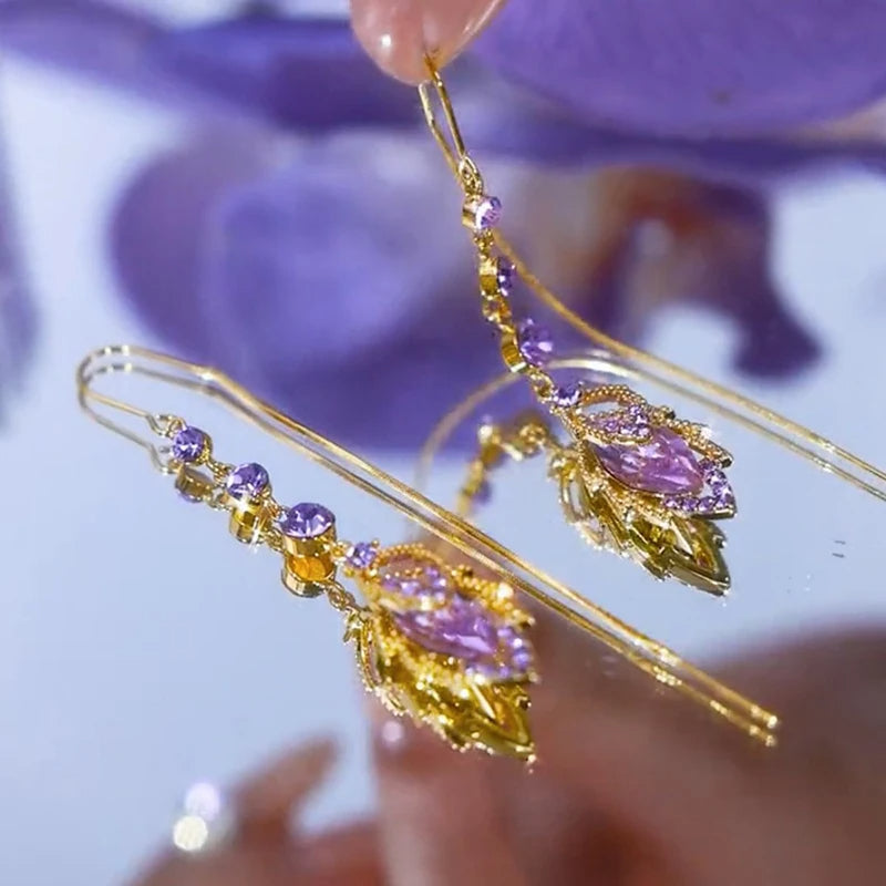 Elegant Purple Crystal Maple Leaf Long Tassel Ear Wire for Women New Fashion Exquisite Temperament Ladies Wedding Party
