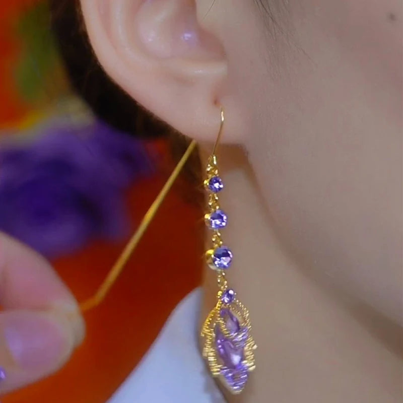 Elegant Purple Crystal Maple Leaf Long Tassel Ear Wire for Women New Fashion Exquisite Temperament Ladies Wedding Party
