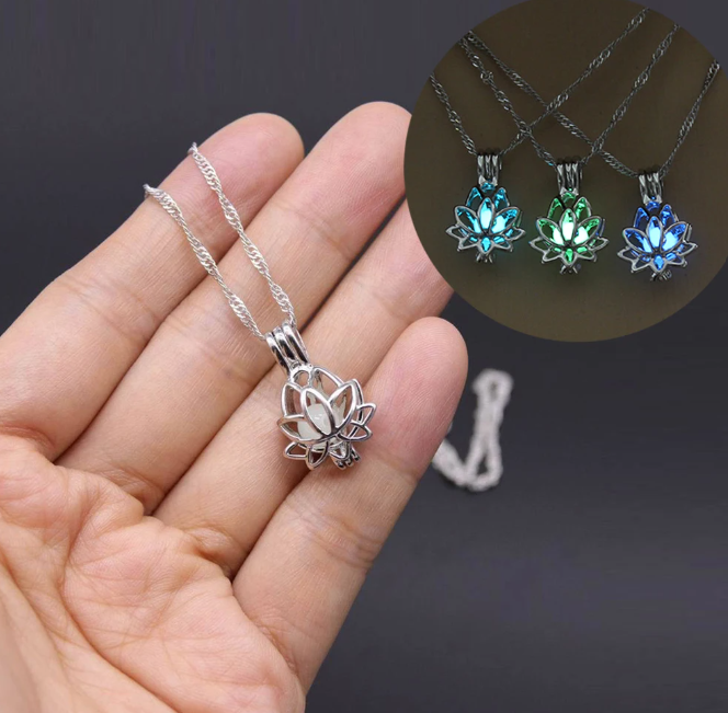 Bright Glowing Dark Moon Lotus Flower Shaped Pendant Necklace for Women