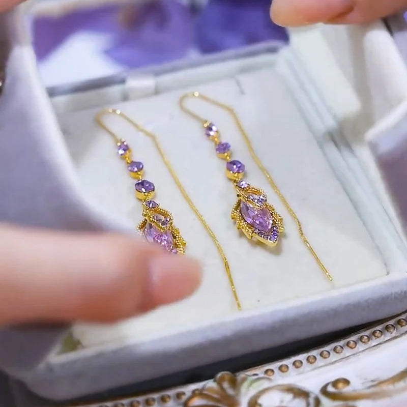 Elegant Purple Crystal Maple Leaf Long Tassel Ear Wire for Women New Fashion Exquisite Temperament Ladies Wedding Party