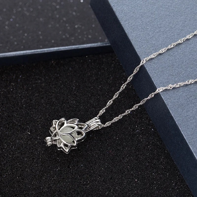 Bright Glowing Dark Moon Lotus Flower Shaped Pendant Necklace for Women