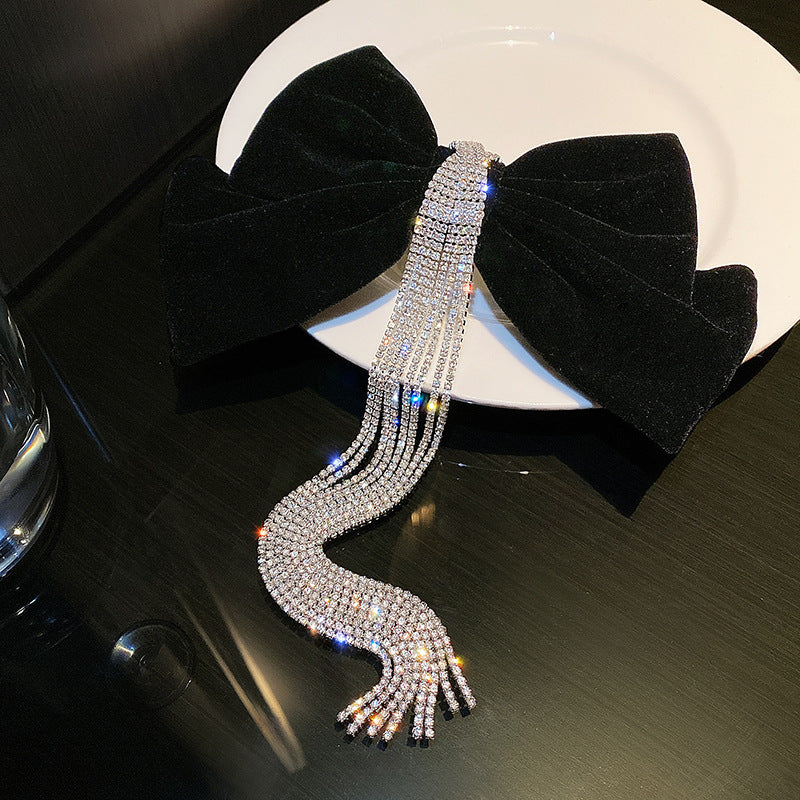 New Velour grace Bow Hairpin Crystal Fringe Tassel Hair Clip Women Ponytail Rhinestone Beading Hair Accessories Gifts Heawear