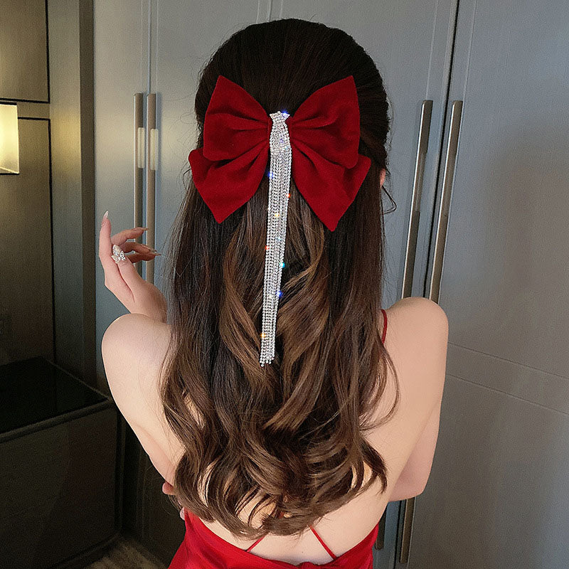 New Velour grace Bow Hairpin Crystal Fringe Tassel Hair Clip Women Ponytail Rhinestone Beading Hair Accessories Gifts Heawear