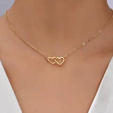Simple Double Hollow Heart Pendant Necklace For Women Stainless Steel Metal Stylish Choker Valentine's Gift Romantic