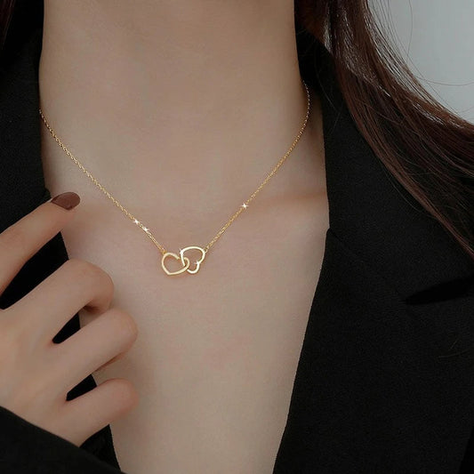 Simple Double Hollow Heart Pendant Necklace For Women Stainless Steel Metal Stylish Choker Valentine's Gift Romantic