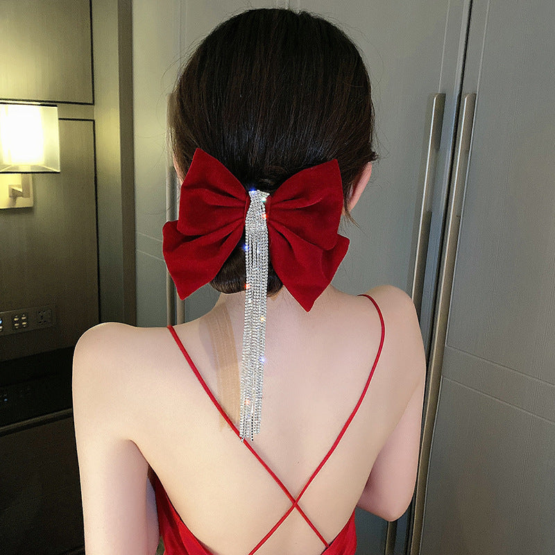 New Velour grace Bow Hairpin Crystal Fringe Tassel Hair Clip Women Ponytail Rhinestone Beading Hair Accessories Gifts Heawear