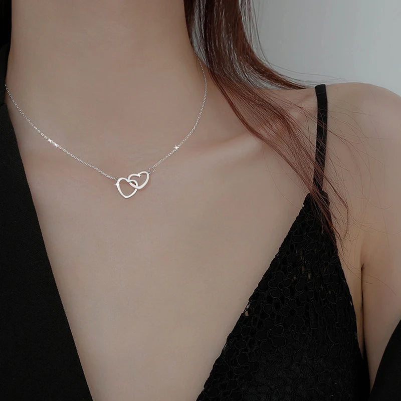 Simple Double Hollow Heart Pendant Necklace For Women Stainless Steel Metal Stylish Choker Valentine's Gift Romantic
