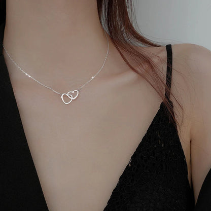 Simple Double Hollow Heart Pendant Necklace For Women Stainless Steel Metal Stylish Choker Valentine's Gift Romantic